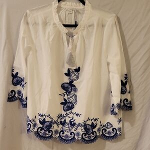 Chico's White Top with Navy Blue Embroidery